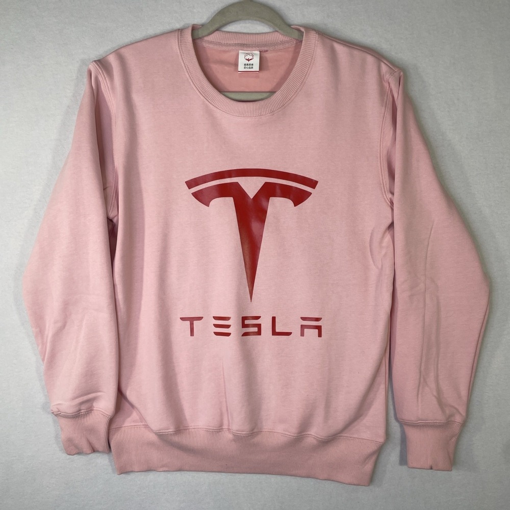 TESLA Women's Large Pink Crew Neck Soft Lined Sweatshirt Big Logo